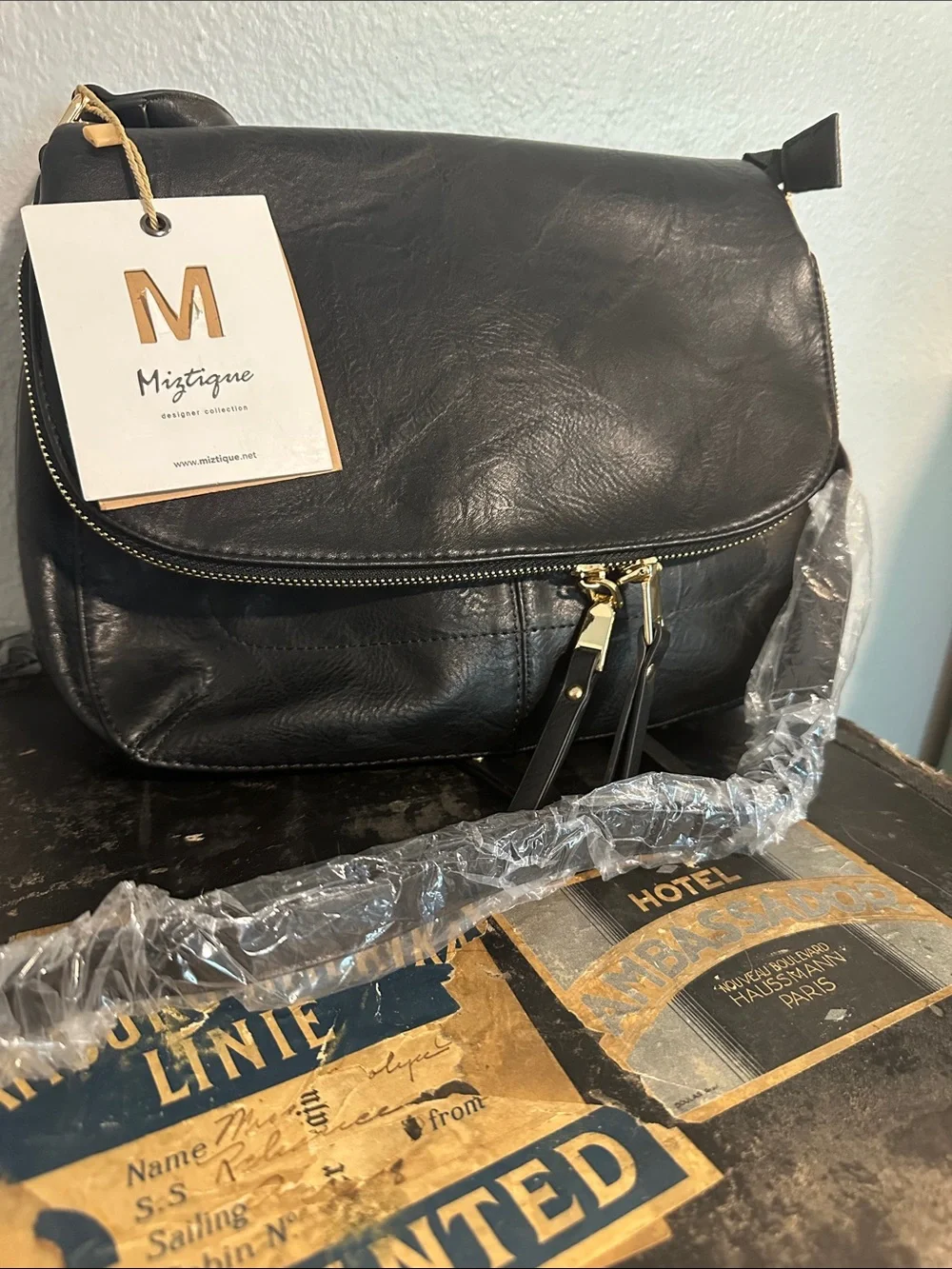 Miztique Black Leather Crossbody Bag with Gold Hardware